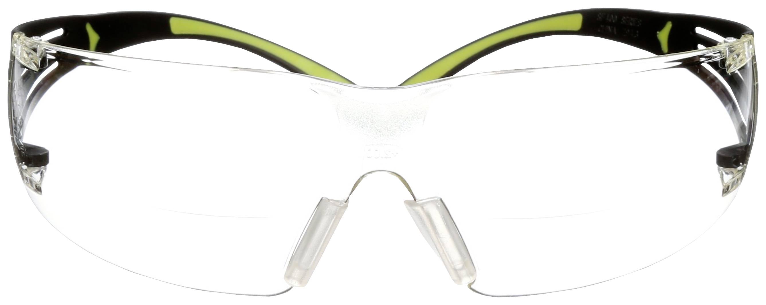 Przezroczyste okulary ochronne z czarnymi i żółtymi zausznikami, odpowiednie do stosowania w środowiskach pracy w celu ochrony oczu.