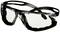 Okulary ochronne z przezroczystymi szkłami i czarną oprawką, odpowiednie do stosowania w środowisku pracy lub laboratoryjnym.