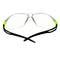 Okulary ochronne z przezroczystymi szkłami i czarnymi oprawkami z żółtymi akcentami, przeznaczone do ochrony oczu w środowiskach pracy.