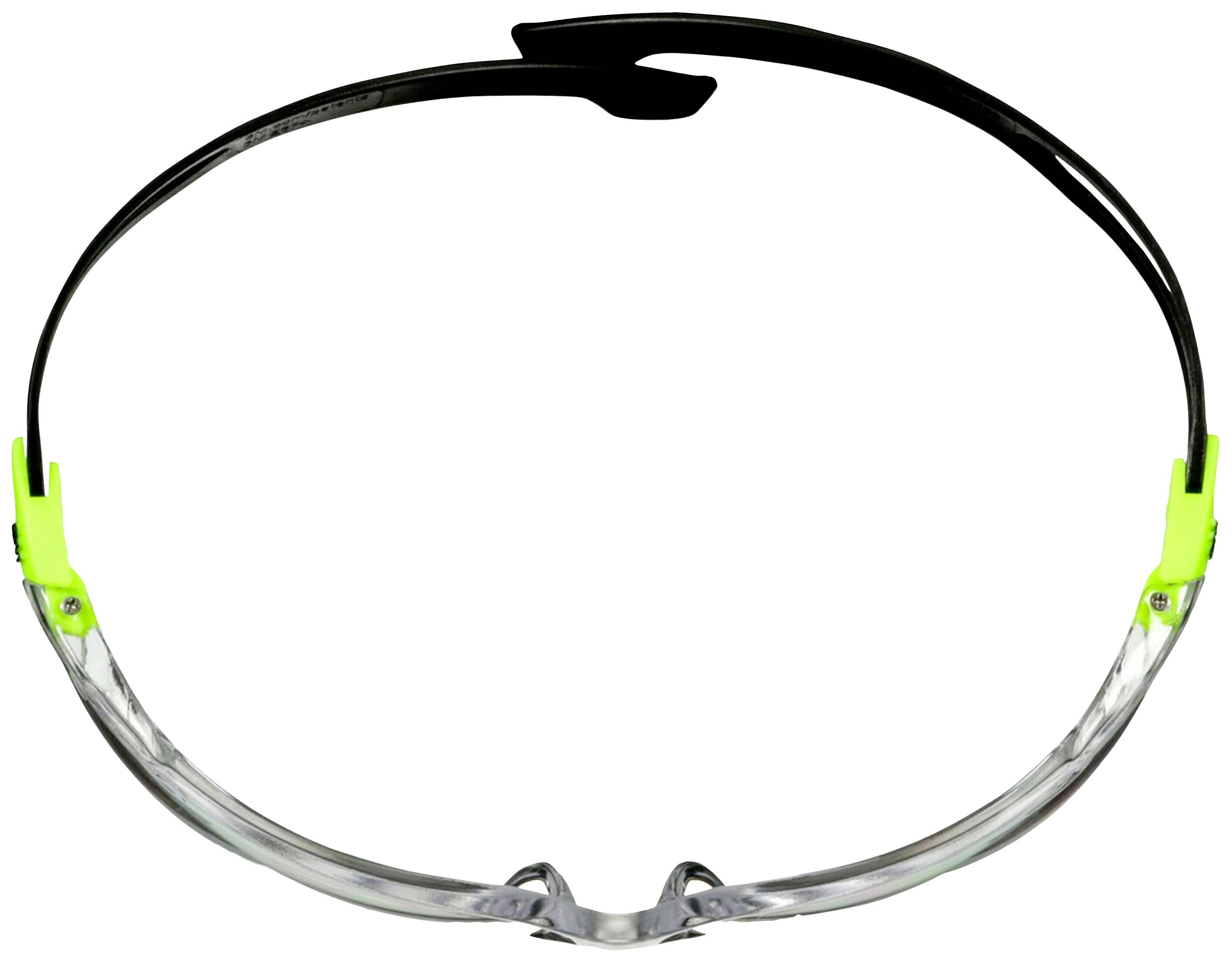 Okulary ochronne z przezroczystą oprawką i zielonymi zausznikami, wykonane z elastycznych materiałów.