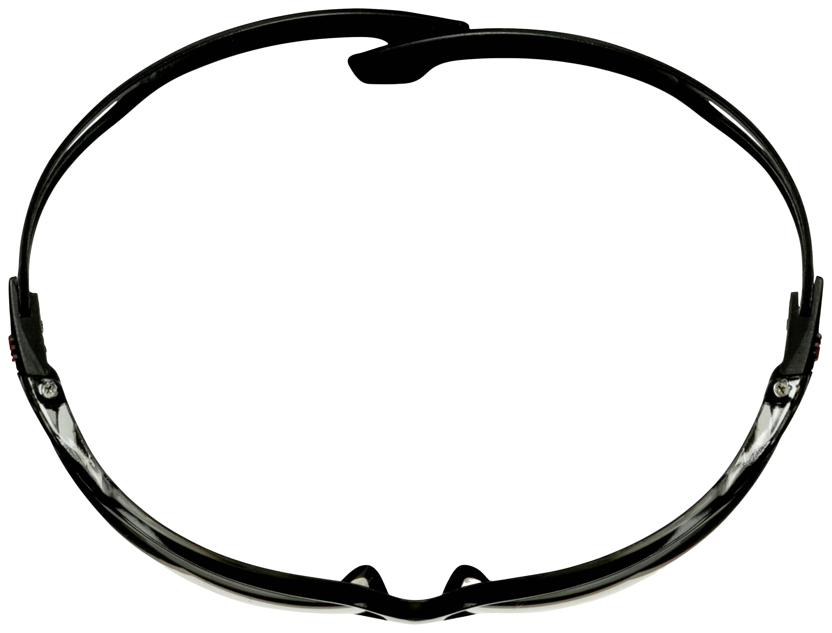 Okulary ochronne z czarnymi plastikowymi oprawkami, z przezroczystymi szkłami, widziane z góry.