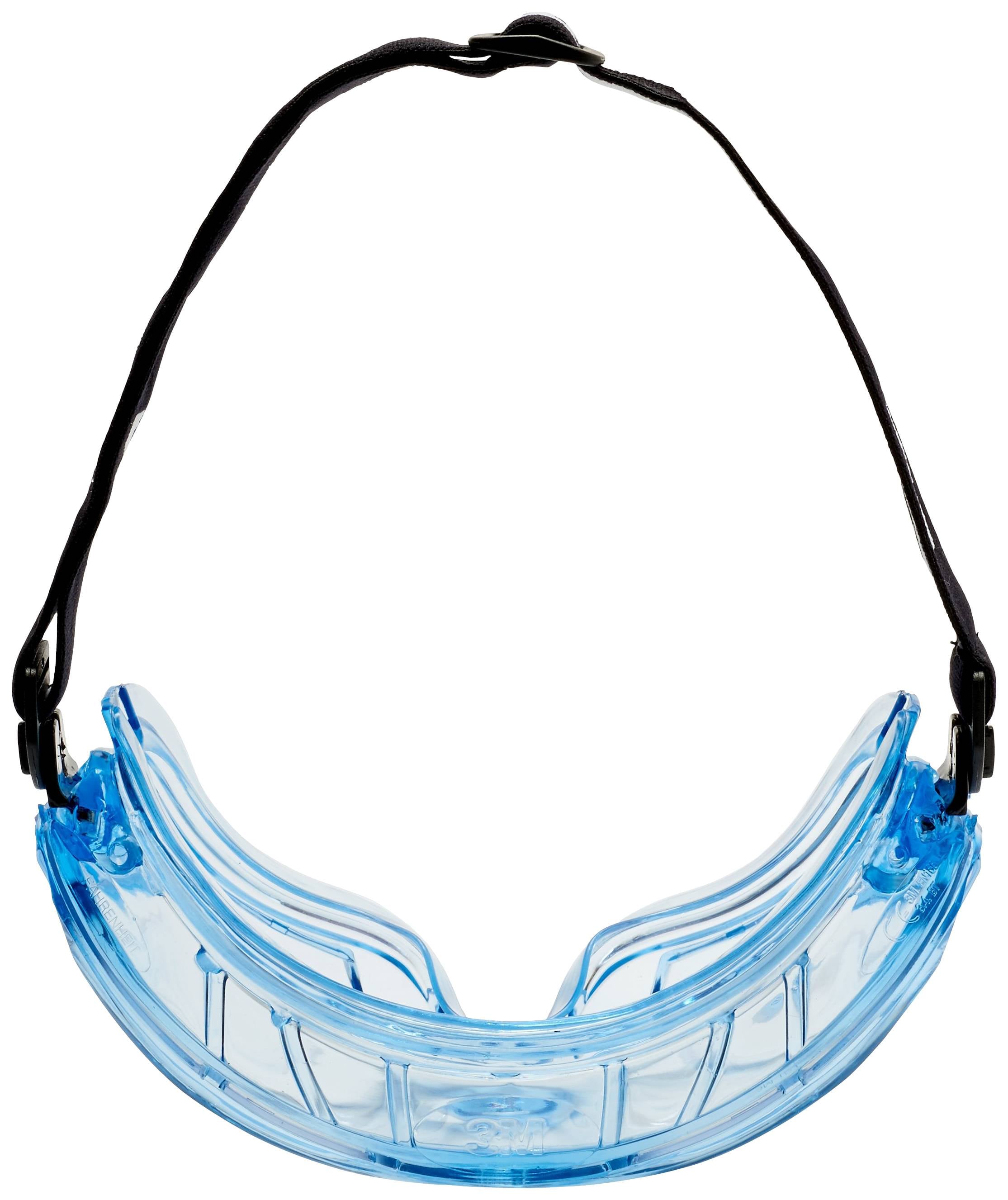 Niebieskie okulary ochronne z regulowaną, czarną opaską zapewniającą pewne mocowanie.