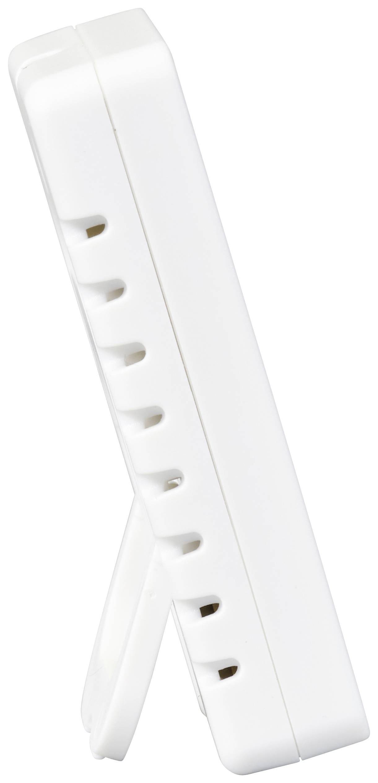 Białe, prostokątne urządzenie z otworami wentylacyjnymi, sfotografowane z boku, stoi na składanym stojaku.