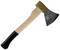 Siekiera z drewnianym uchwytem i metalowym ostrzem. Ostrze jest przymocowane do górnej części uchwytu, który jest częściowo czarny.