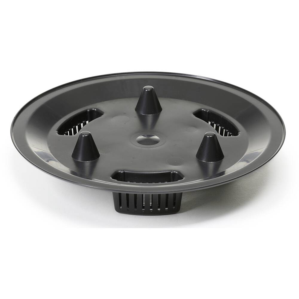 Czarna plastikowa osłona z wieloma otworami i wypukłymi stożkami, prawdopodobnie akcesorium do urządzenia kuchennego lub domowego.