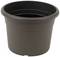 Pusty, okrągły, ciemnobrazowy doniczka z tworzywa sztucznego.