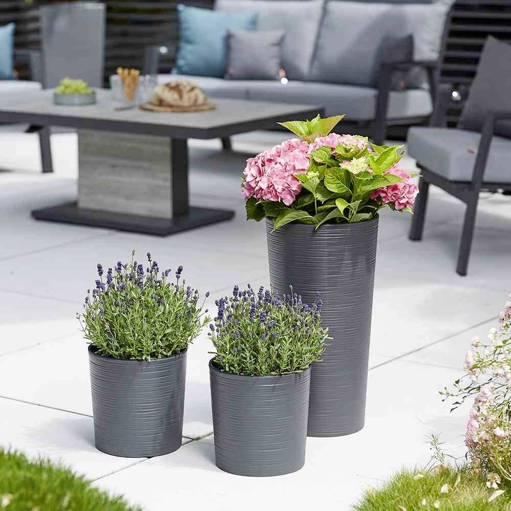 Trzy szare donice na tarasie: duża donica z różową hortensją, dwie mniejsze z lawendą, w tle meble ogrodowe.