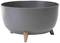 Szary doniczka o okrągłym kształcie, wsparta na trzech małych drewnianych nóżkach.