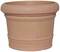 Prosty, pusty gliniany doniczka o zaokrąglonym brzegu i delikatnych ozdobach.