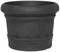 Czarny ceramiczny doniczka o cylindrycznym kształcie z szerokim rantem i subtelnymi żłobieniami jako elementem dekoracyjnym.