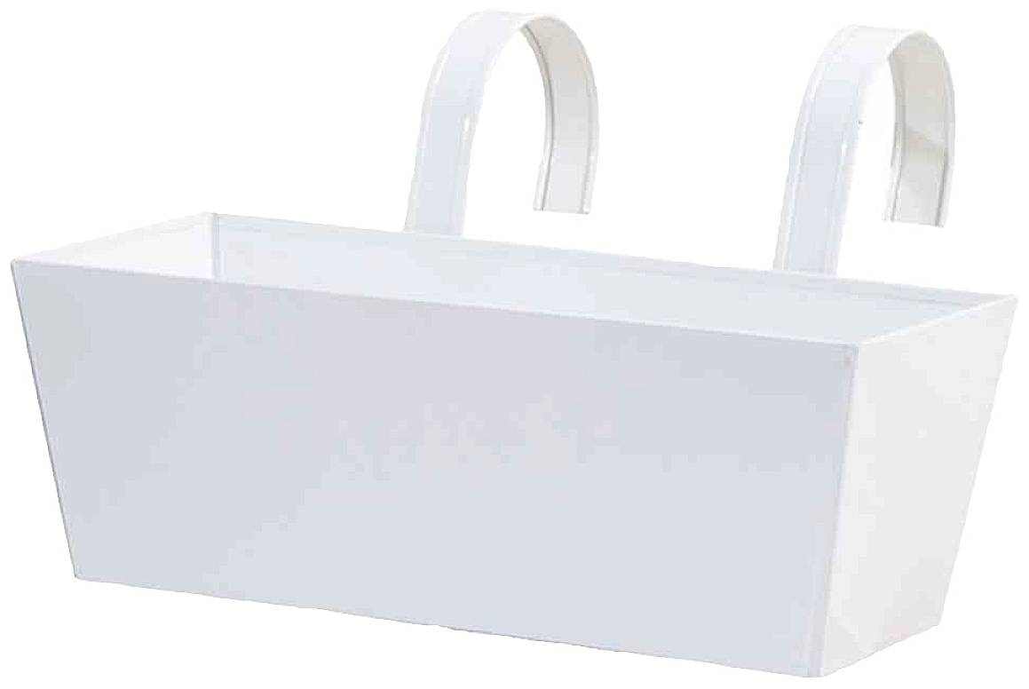 Biały doniczka na kwiaty z dwoma zakrzywionymi hakami do zamocowania na poręczy lub balkonie.