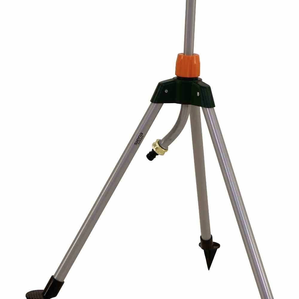 Statyw z trzema wysuwanym nogami i pomarańczowym mechanizmem regulacyjnym na górze. Odpowiedni do sprzętu outdoorowego lub narzędzi.