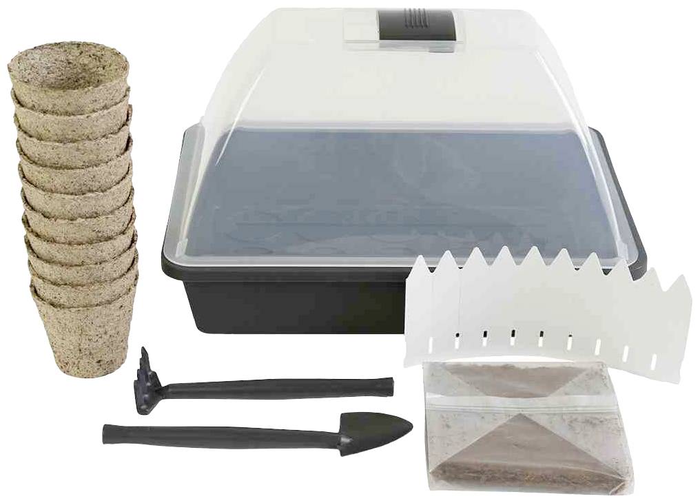 Miniaturowy zestaw do uprawy roślin składający się z kilku doniczek do wysiewu, małych narzędzi, tabliczki do oznaczania roślin oraz paczki nasion do sadzenia.