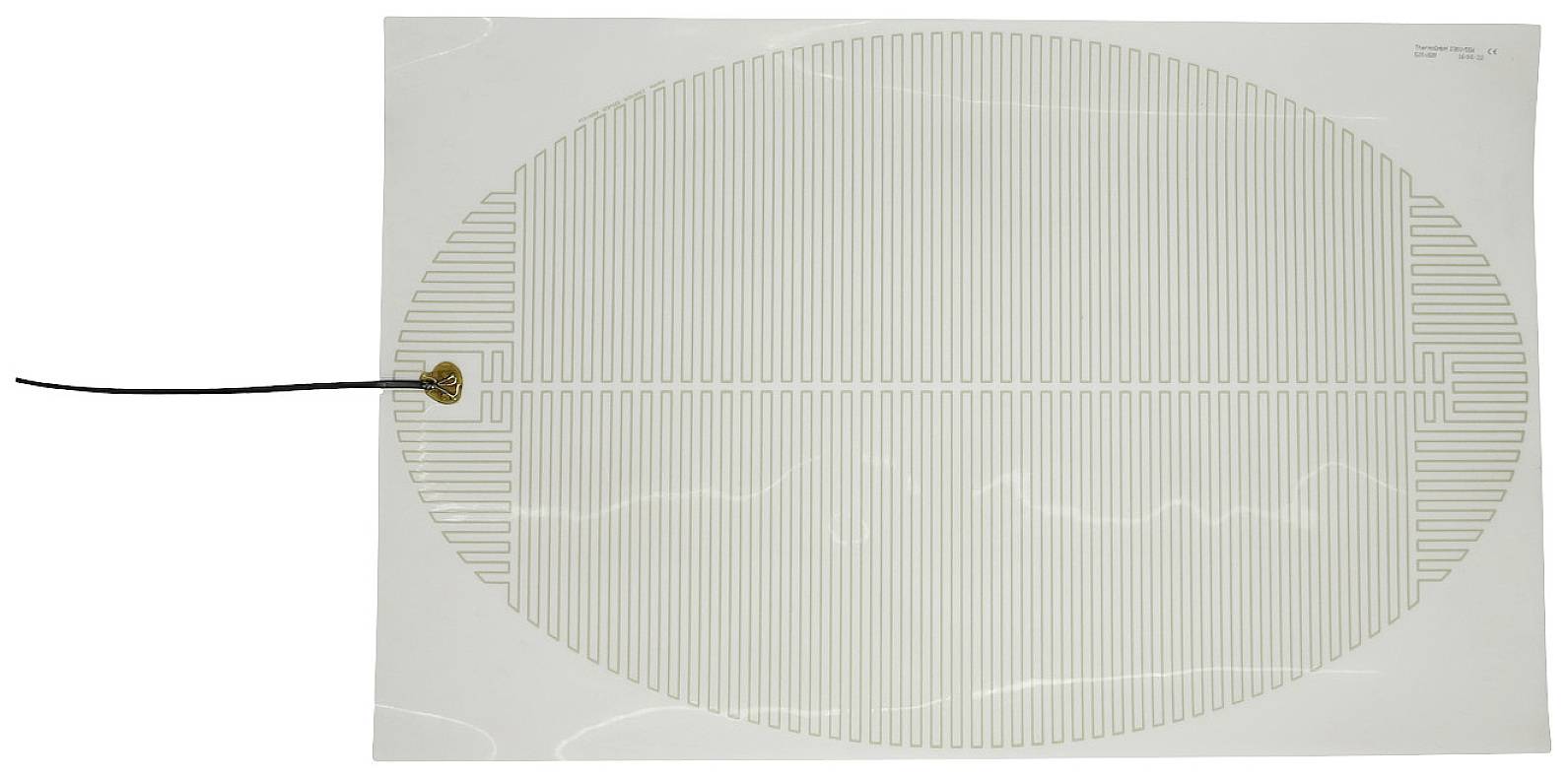 Owalna poduszka grzejna z cienkimi paskami grzewczymi i przewodem po lewej stronie.