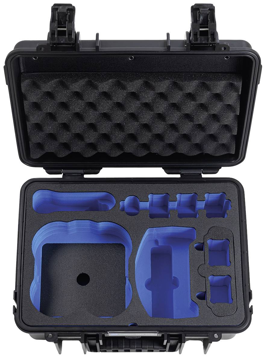 Czarny futerał ochronny z niebieską, wyprofilowaną wkładką piankową i wieloma przegródkami. Futerał służy do bezpiecznego przechowywania delikatnych urządzeń.