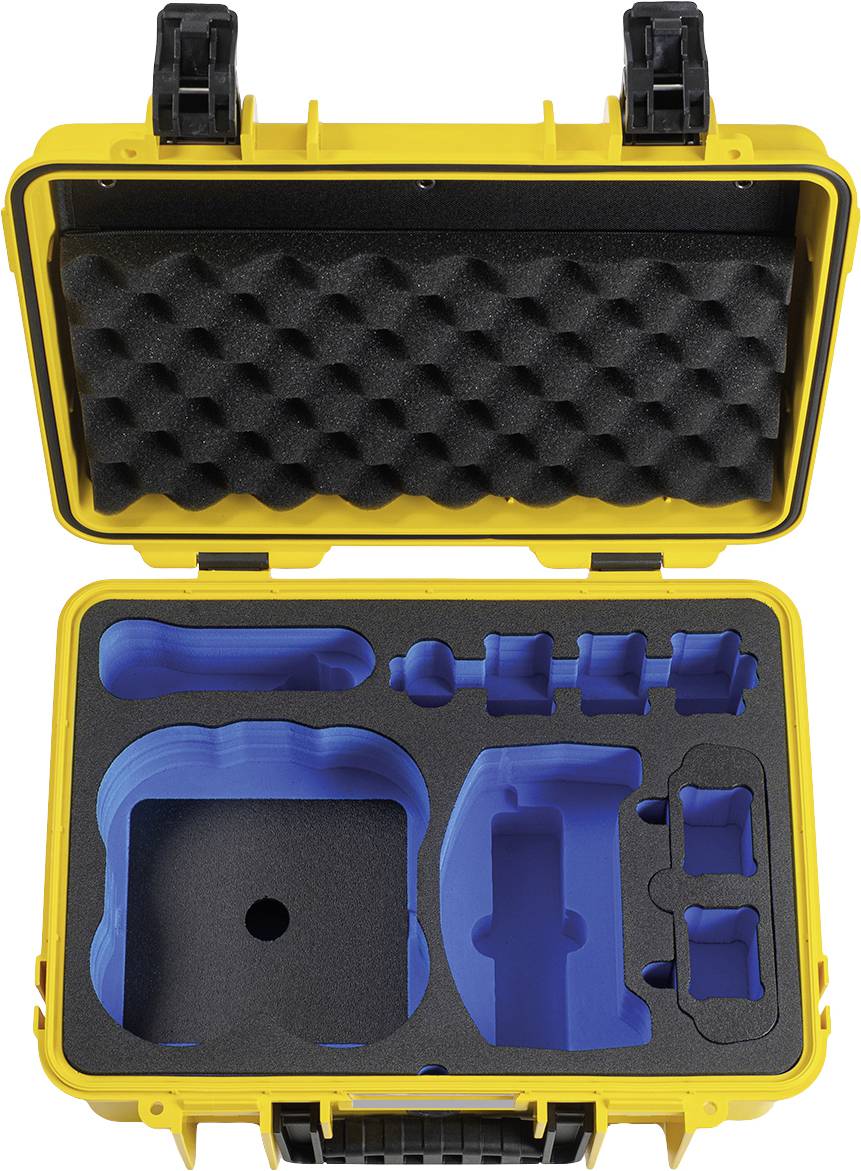 Żółta, otwarta walizka narzędziowa z czarną i niebieską pianką wewnątrz, odpowiednia do bezpiecznego przechowywania narzędzi lub urządzeń.