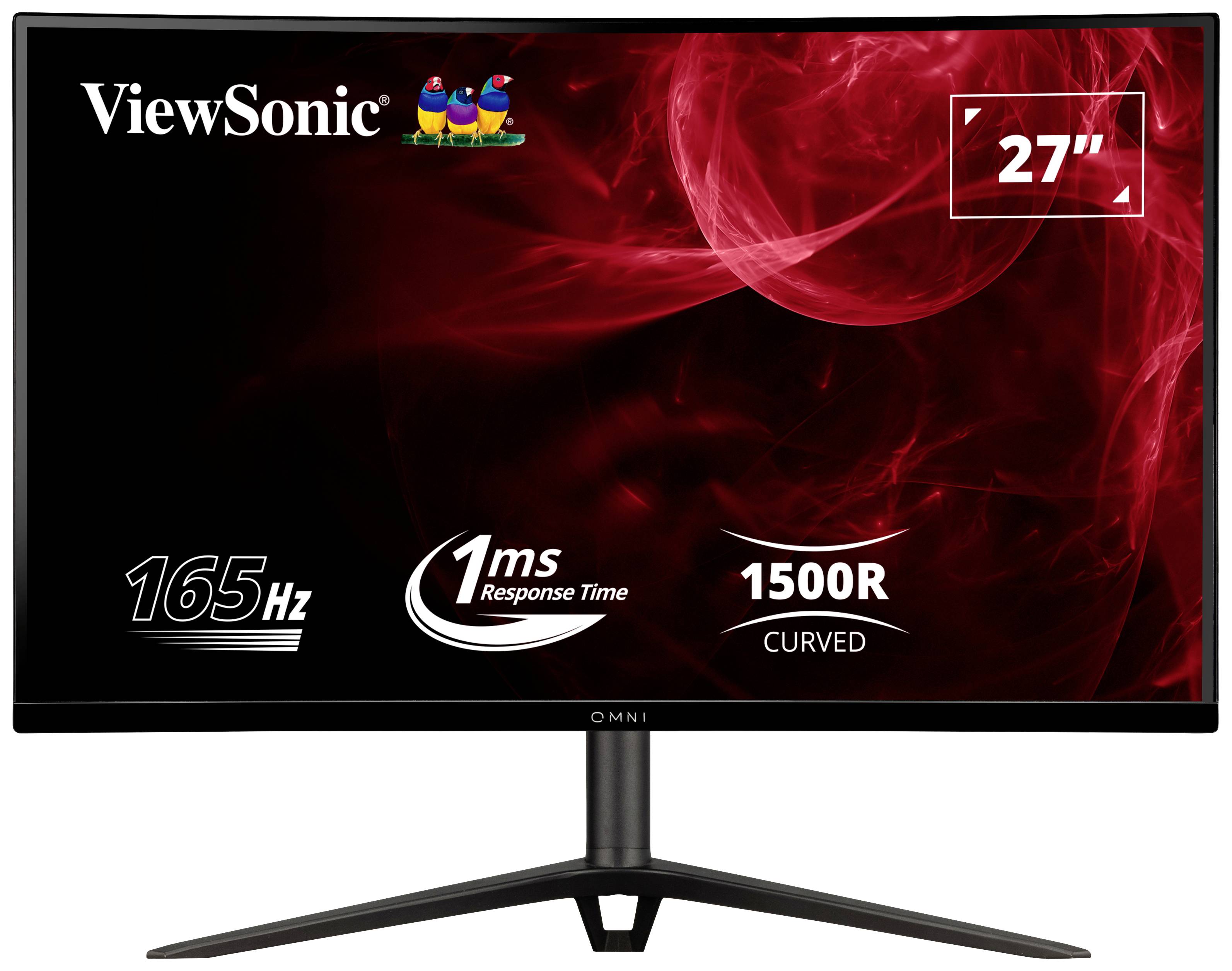 Monitor ViewSonic o przekątnej 27 cali z częstotliwością odświeżania 165 Hz, czasem reakcji 1 ms i zakrzywionym ekranem 1500R w czarnej stylistyce.