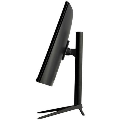 Widok z boku czarnego, smukłego monitora na stabilnej podstawie.
