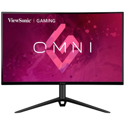 Monitor gamingowy ViewSonic z zakrzywionym ekranem, umieszczony na podstawce, wyświetlający abstrakcyjny różowy projekt tła.