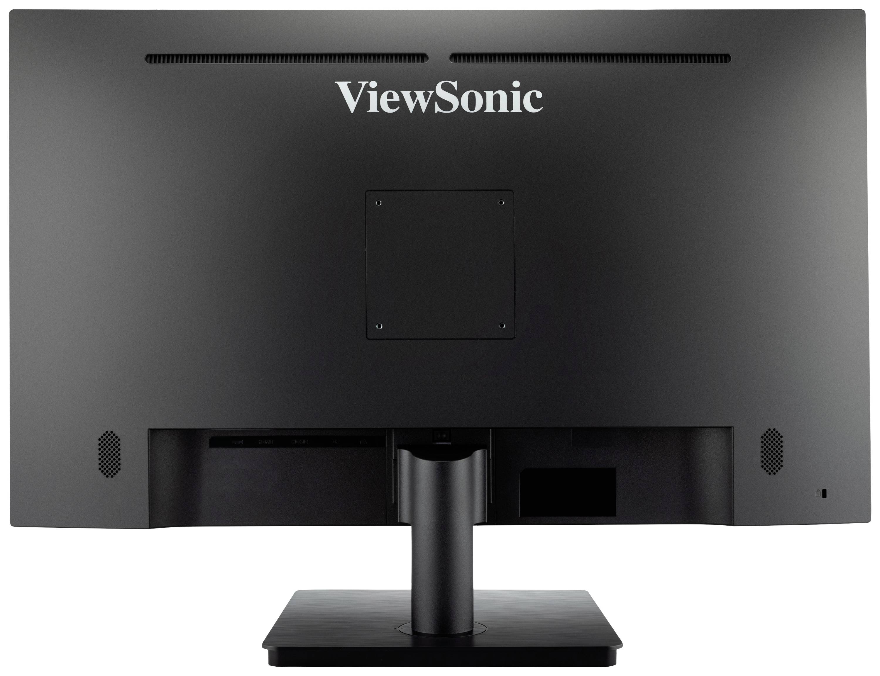 Czarny monitor komputerowy widziany od tyłu, z napisem 'ViewSonic' pośrodku na górze. Podstawa monitora jest widoczna.