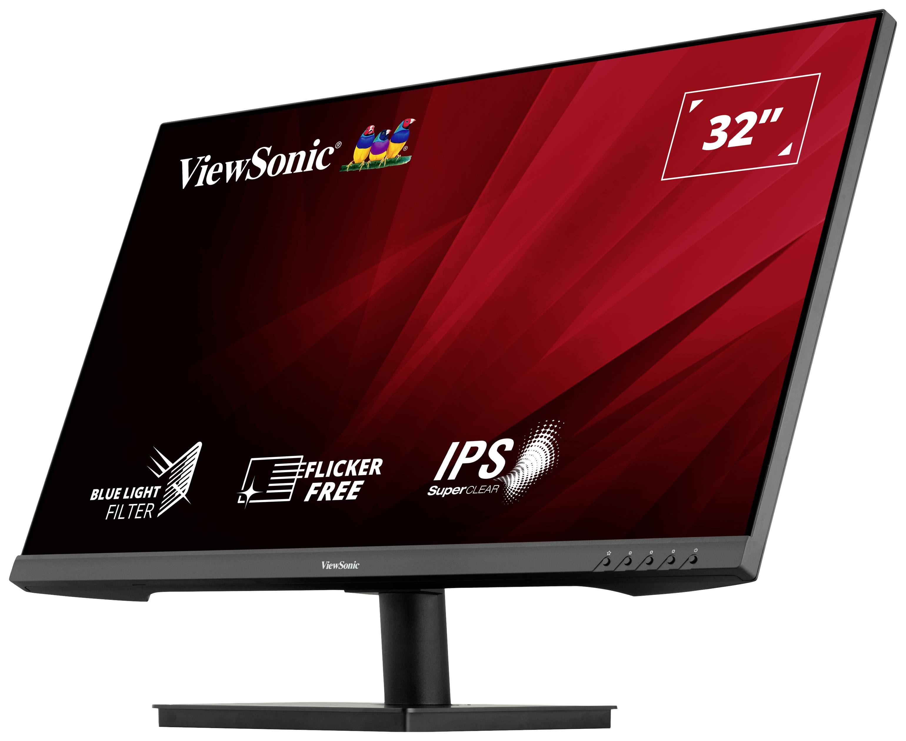 Monitor ViewSonic o przekątnej 32 cali, z technologią IPS, bez migotania, z filtrem niebieskiego światła. Czerwone tło z logo.