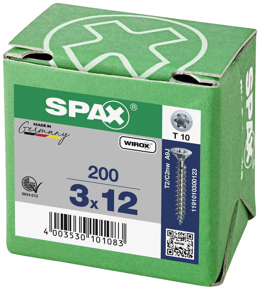 Ilustracja przedstawia zielone opakowanie wkrętów Spax, rozmiar 3x12 mm, 'Made in Germany', z kodem QR i zawartością 200 sztuk.