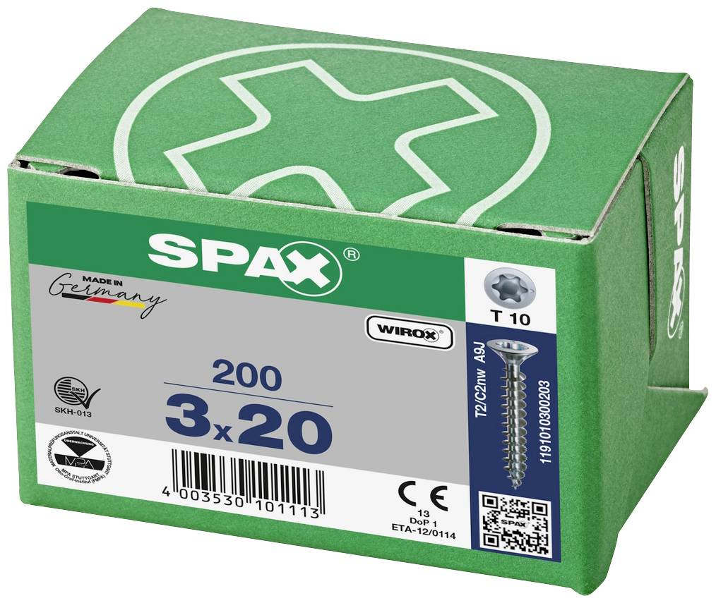 Zielona skrzynka z napisem 'SPAX', zawiera 200 wkrętów o rozmiarze 3x20 mm, wyprodukowanych w Niemczech, z łbem T10.