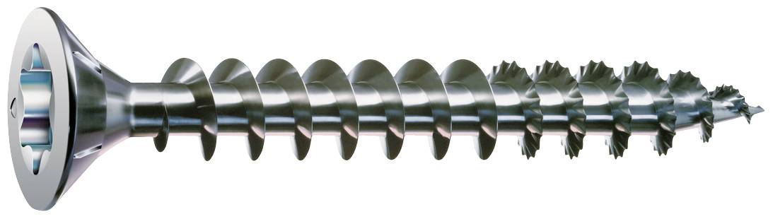 Długa śruba metalowa z stożkowym łbem i gwintem spiralnym, odpowiednia do mocnych połączeń w różnych materiałach.