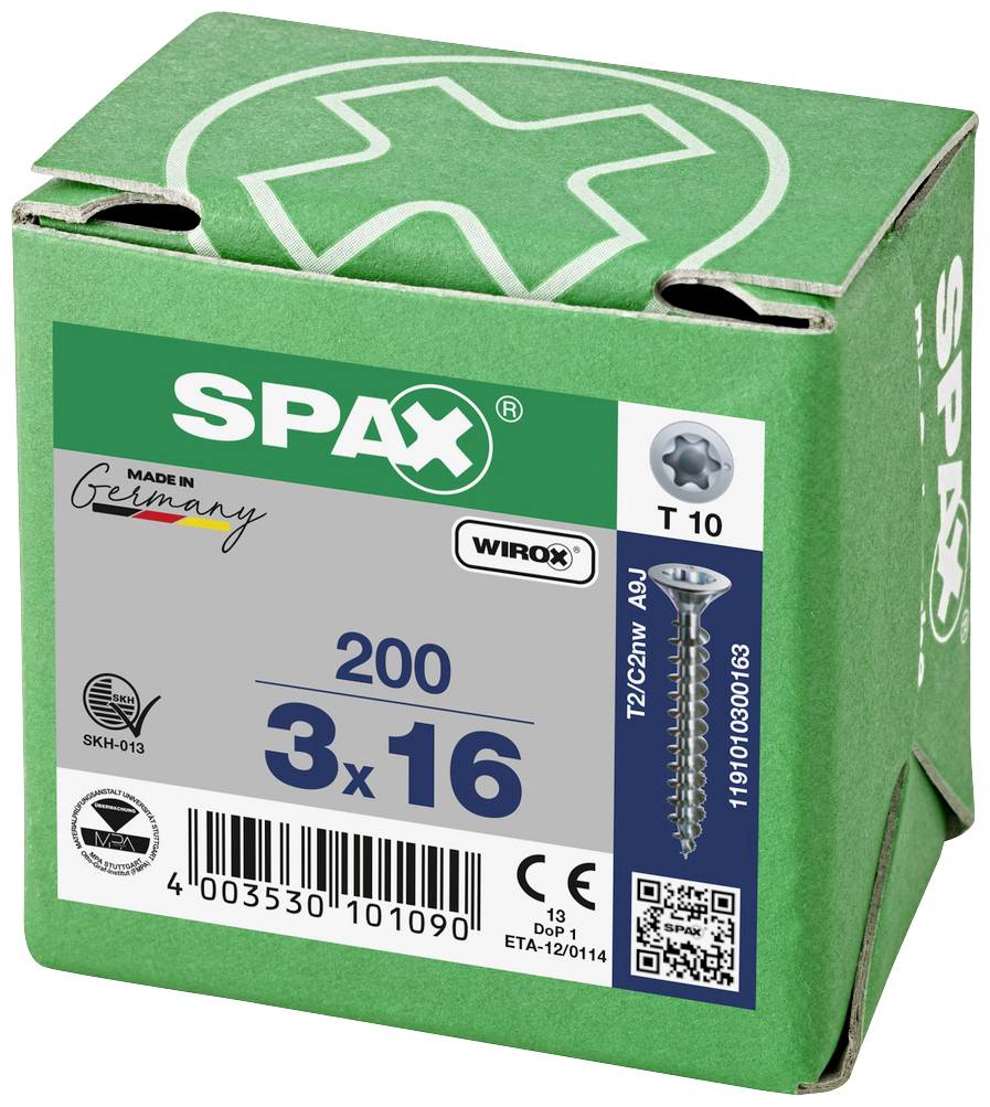 Zielona skrzynka z napisem 'SPAX'. Zawiera 200 wkrętów o rozmiarze 3x16 mm. Widoczny napis 'Made in Germany' oraz pieczęć Wirox.
