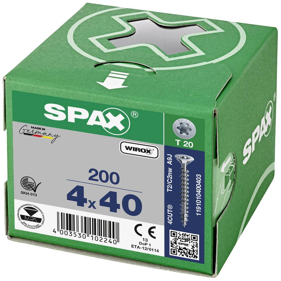 Pudełko z 200 wkrętami marki SPAX. Wymiary: 4 x 40 mm. Pochodzenie: Niemcy. Zawiera ilustracje produktu i logo marki.