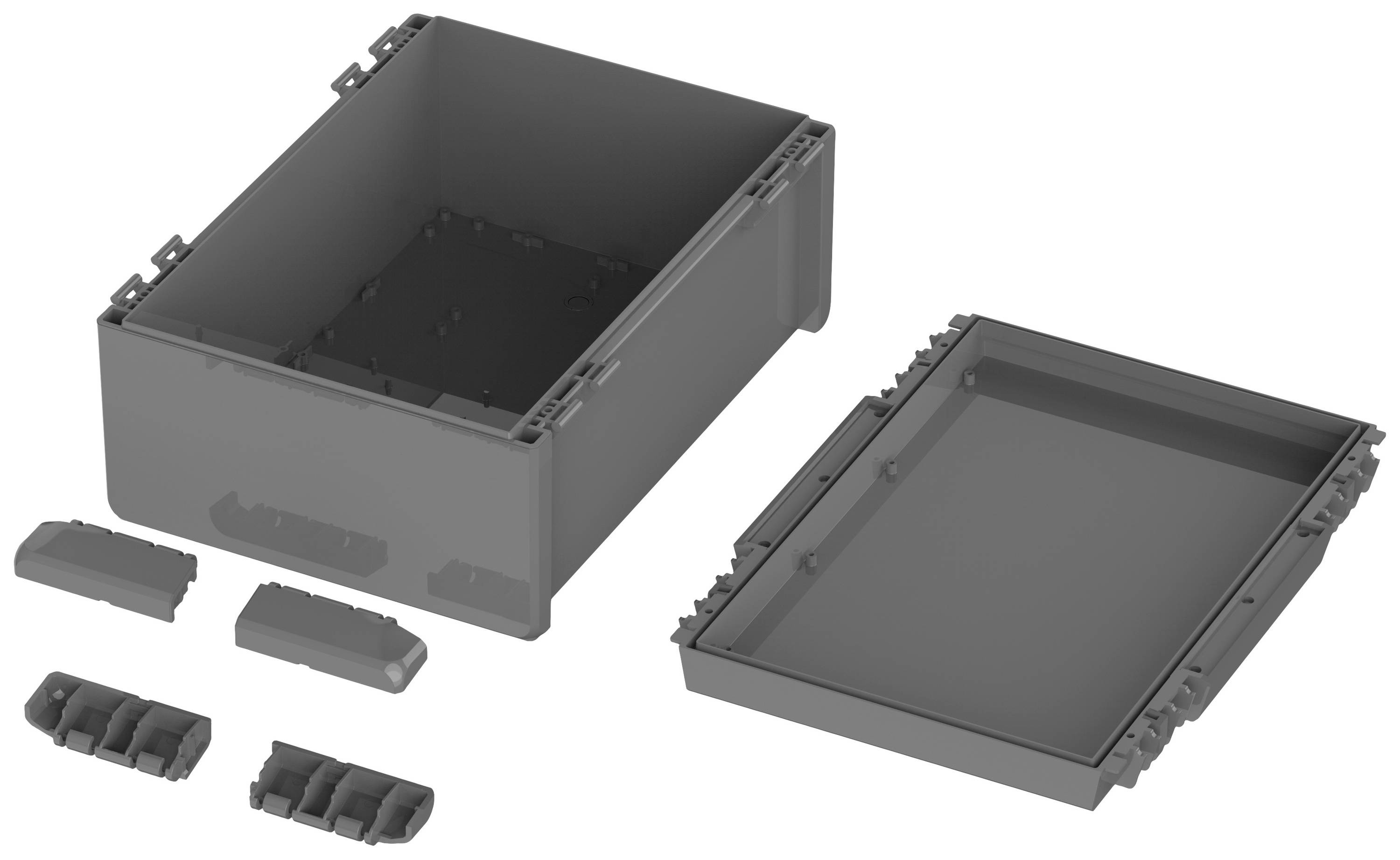 Czarna, prostokątna, możliwa do sztaplowania plastikowa skrzynka z zdejmowaną pokrywą i wieloma zamknięciami. Idealna do przechowywania.