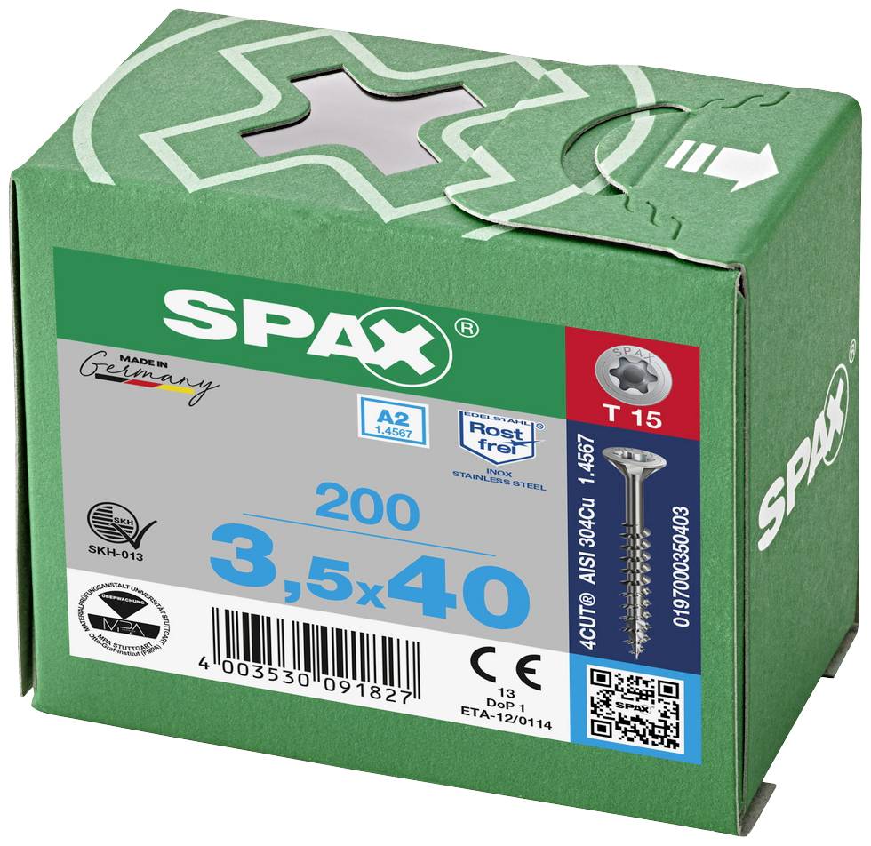 Opakowanie 'SPAX Schraubenverpackung' z 200 śrubami, rozmiar 3,5x40 mm, stal nierdzewna A2, napęd T15. 'Made in Germany', zielone pudełko, zabezpieczenie antykorozyjne.