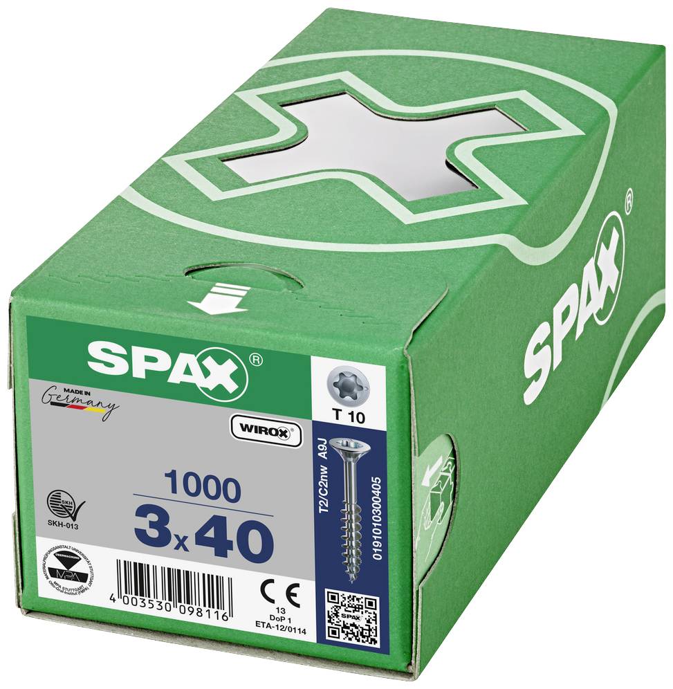 Zielona skrzynka z napisem 'SPAX', zawiera 1000 śrub o rozmiarze 3x40 mm. Wyprodukowane w Niemczech, powłoka WIROX.