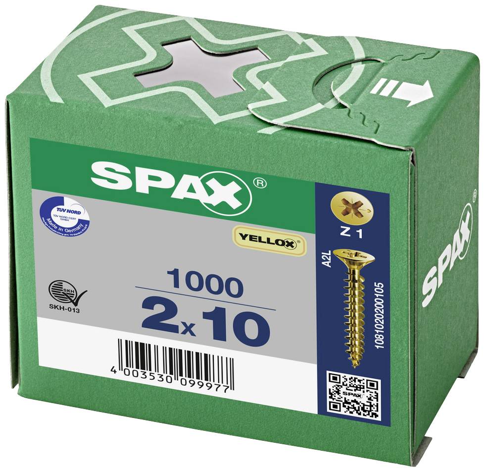 Zielony karton z nadrukiem 'SPAX VELUX 1000 2x10', zawiera wkręty. Ilustracja przedstawia złotą śrubę z gniazdem krzyżowym.