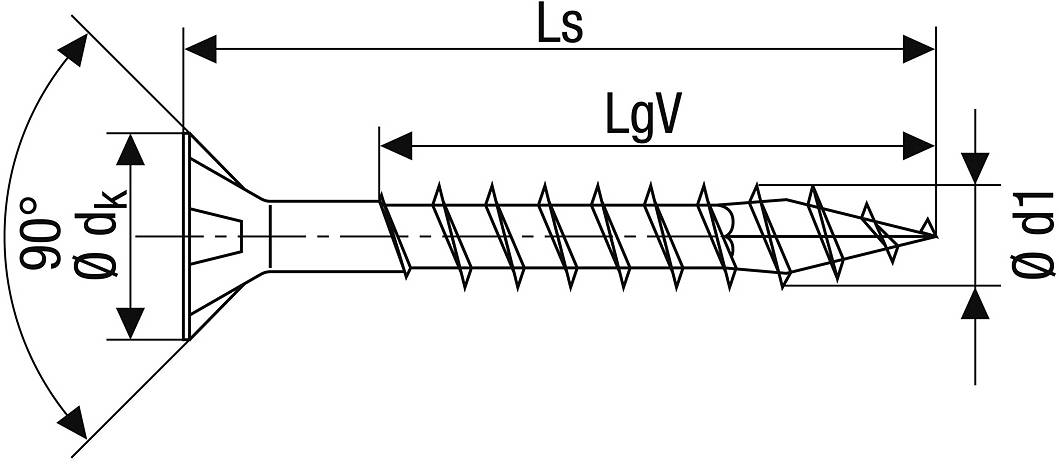 Rysunek techniczny wkręta z pogłębieniem ze wskazaniem wymiarów: Ls (długość całkowita), LgV (długość gwintu), ødk (średnica główki), ød1 (średnica rdzenia).