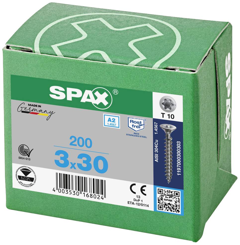 'Opakowanie wkrętów SPAX, 200 sztuk, 3x30 mm, nierdzewne, głowica T10. Wyprodukowane w Niemczech. Jakość A2, certyfikat SKH-013.'