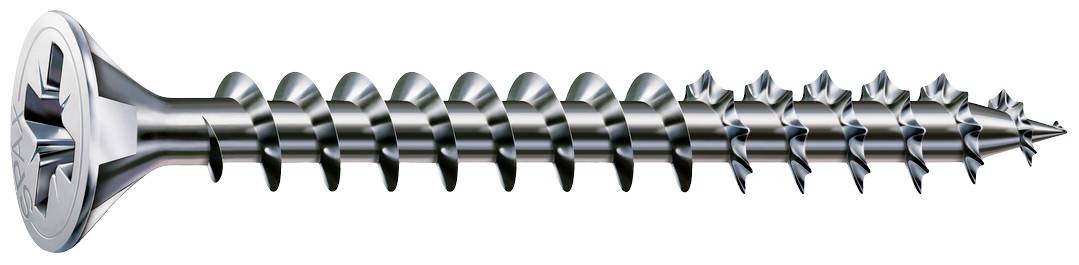 Srebrna wkręt krzyżakowa z płaskim stożkowym łbem, gwintowana, skierowana w prawo, leży poziomo na białym tle.