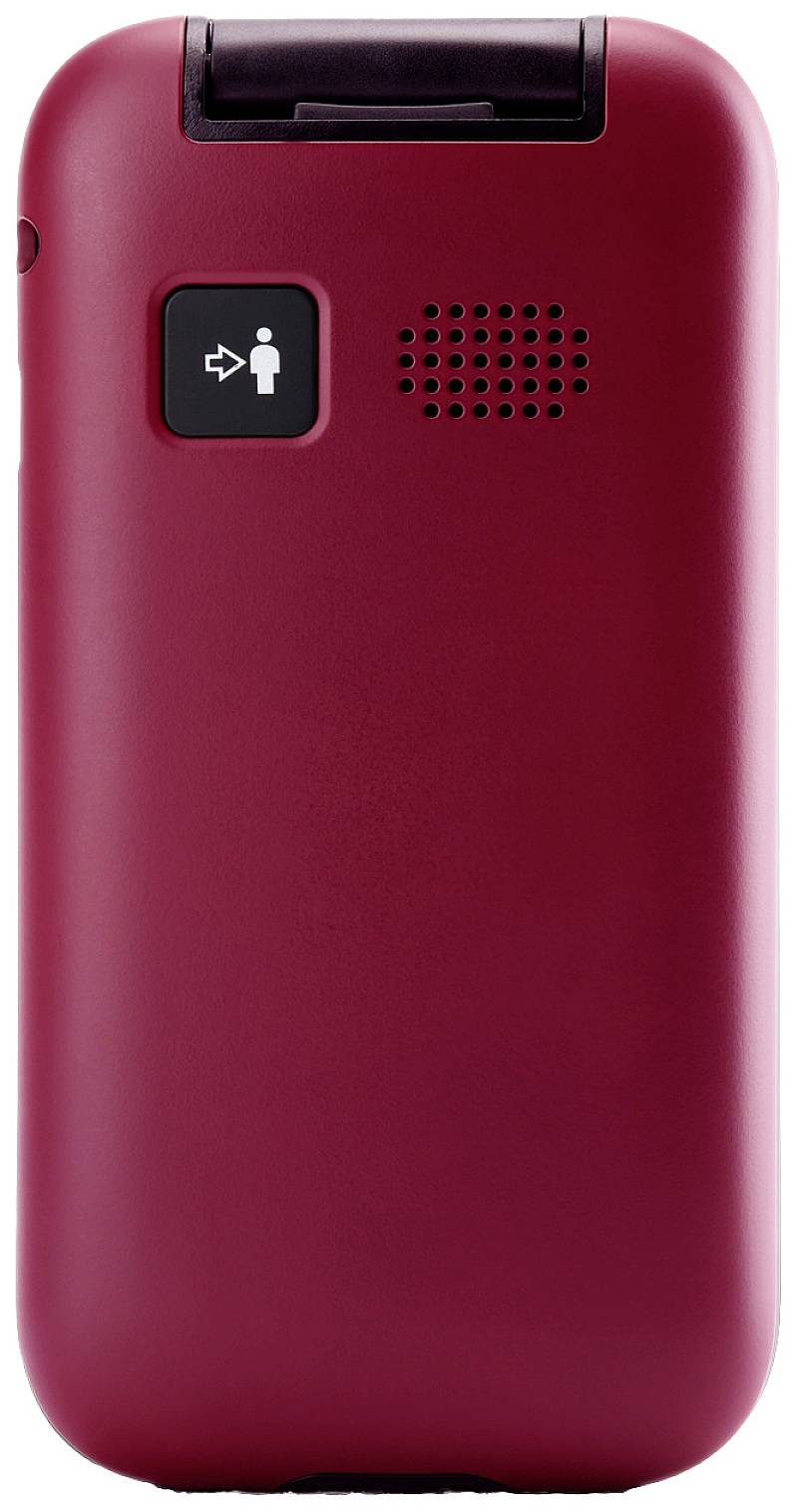 Czerwony telefon komórkowy z klapką, widziany od tyłu. Na górze lampka doświetlająca aparat i kratka głośnika, z boku przycisk włączania/wyłączania.