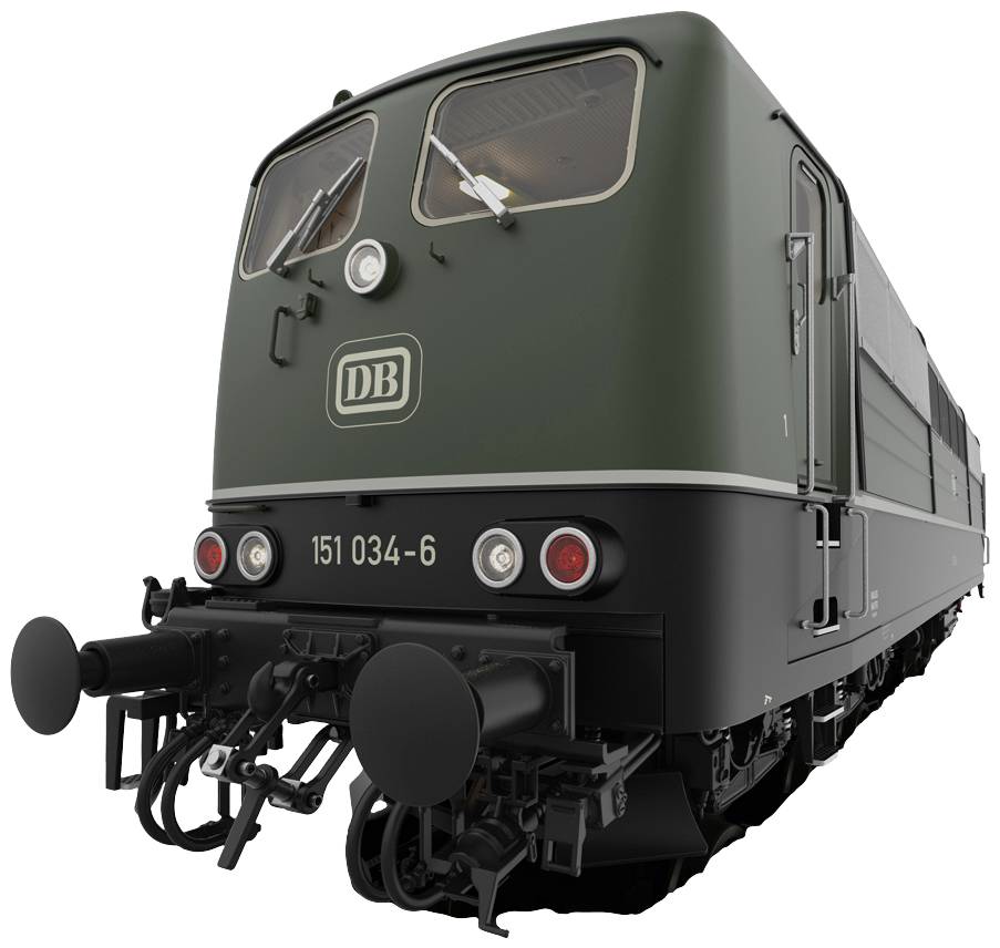 Zielona lokomotywa elektryczna Deutsche Bahn sfotografowana od przodu. Numer modelu 151 034-6 jest wyraźnie widoczny.