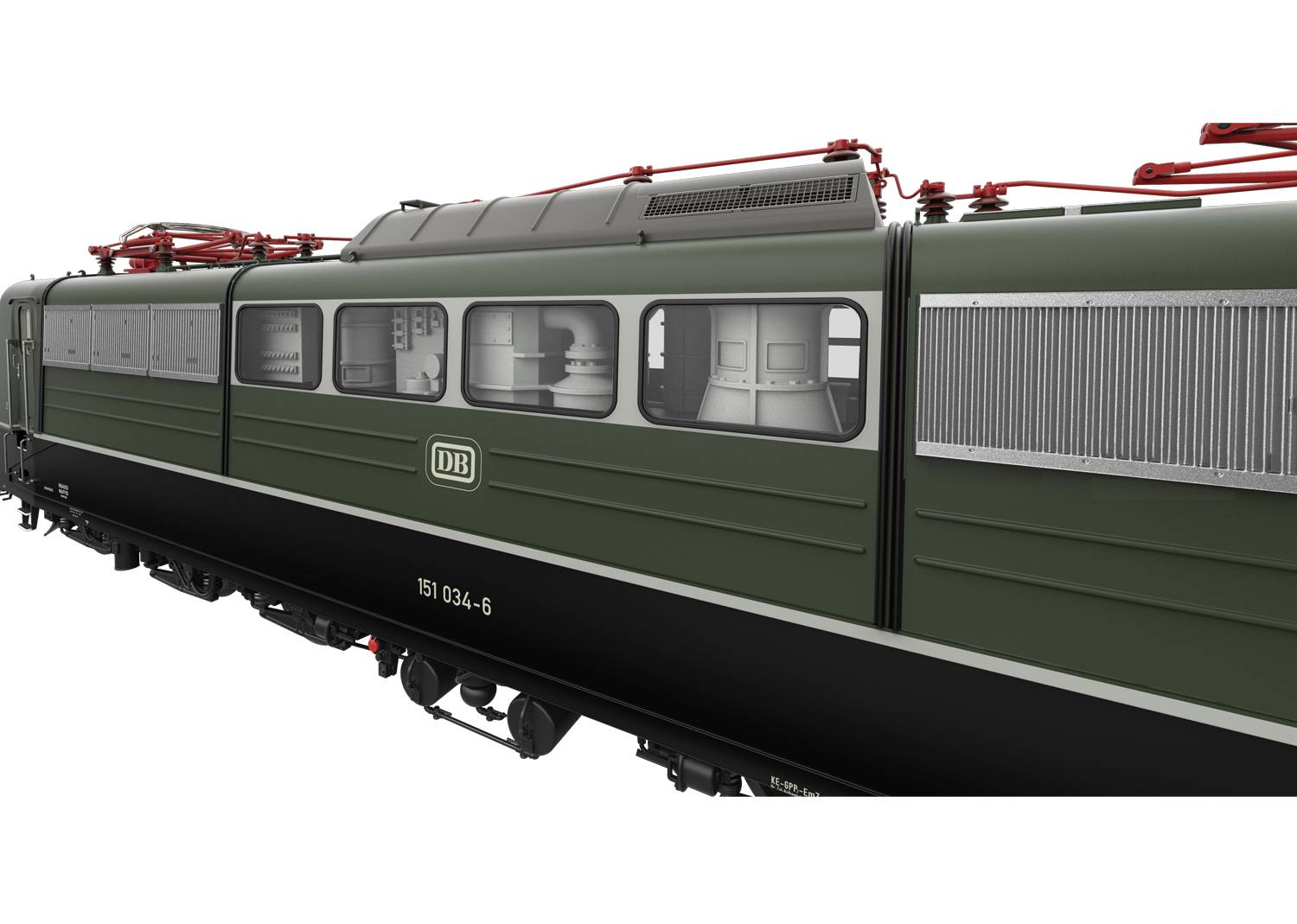 Widok z boku zielonej lokomotywy DB z numerem 151 034-6, szczegółowe ujęcie drzwi i otworów wentylacyjnych, widocznej na torach.