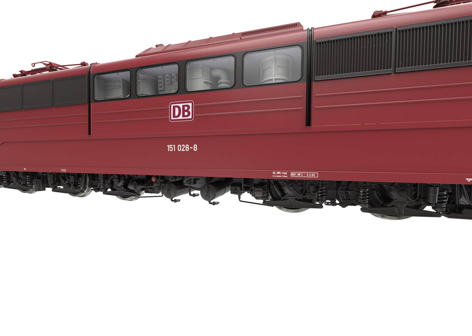 Czerwona lokomotywa Deutsche Bahn z napisem 'DB' i numerem '151 028-8', widziana z boku, z widocznymi torami w dolnej części obrazu.