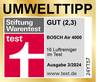 Logo 'Stiftung Warentest' z ekologiczną wskazówką. 'DOBRY (2,3)', BOSCH Air 4000 przetestowany, wydanie 3/2024, www.test.de.