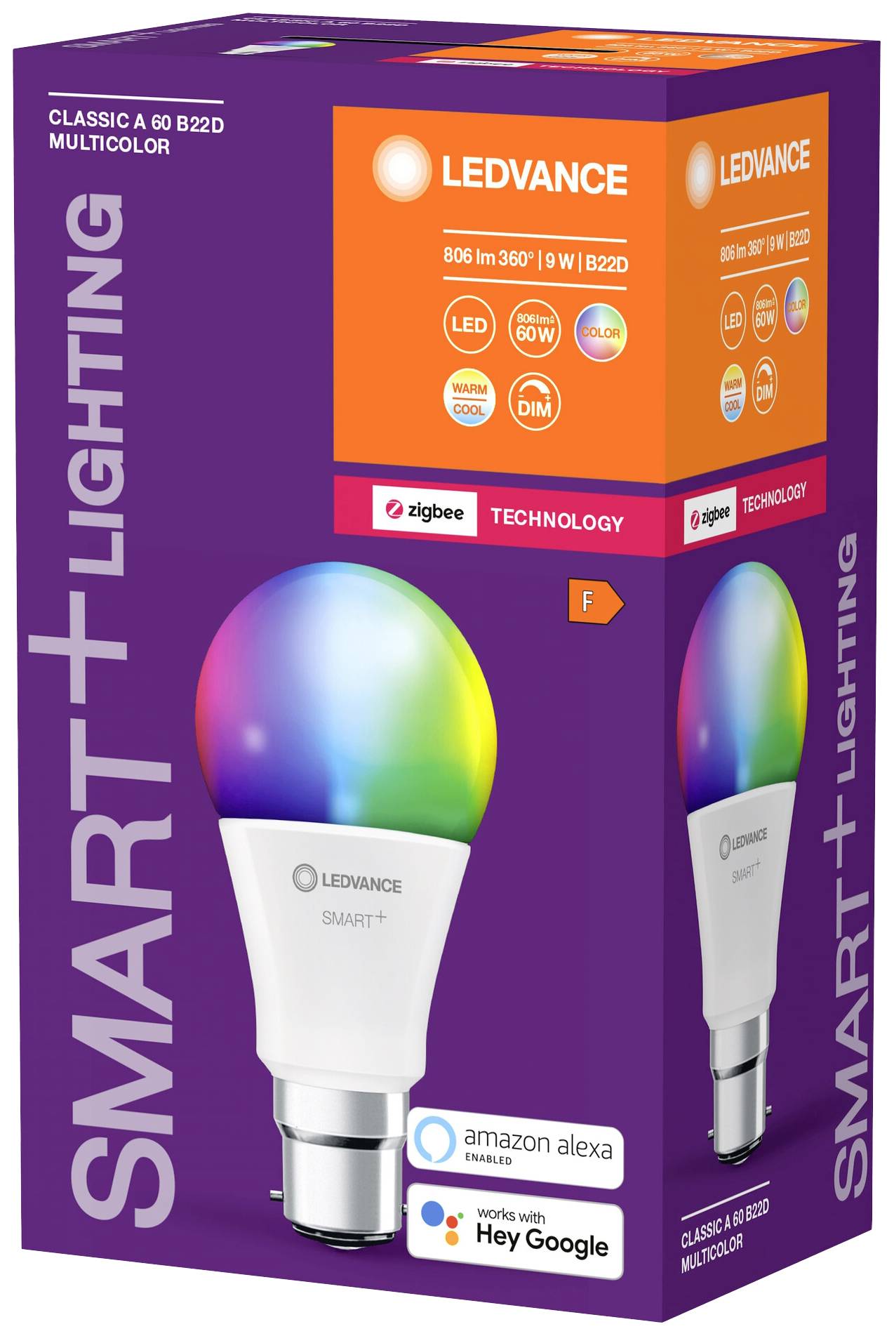 Opakowanie inteligentnej żarówki LED z technologią Smart, kompatybilnej z Zigbee, Amazon Alexa i Google. Energooszczędna, ściemnialna, wielokolorowa.