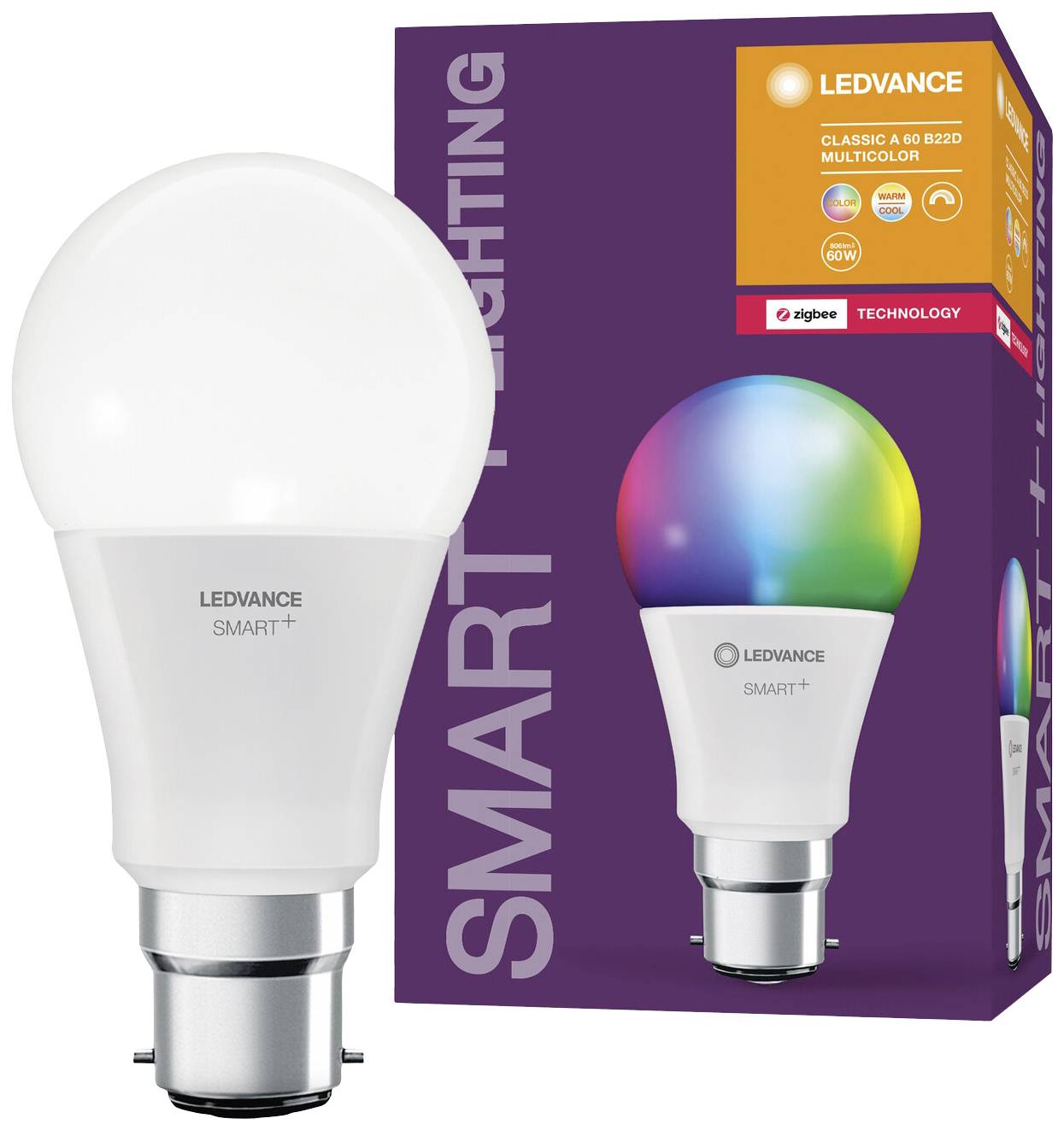 Żarówka LED przed swoim opakowaniem. Opakowanie prezentuje 'LEDVANCE SMART+' oraz kolorową żarówkę, obsługującą technologię Zigbee.