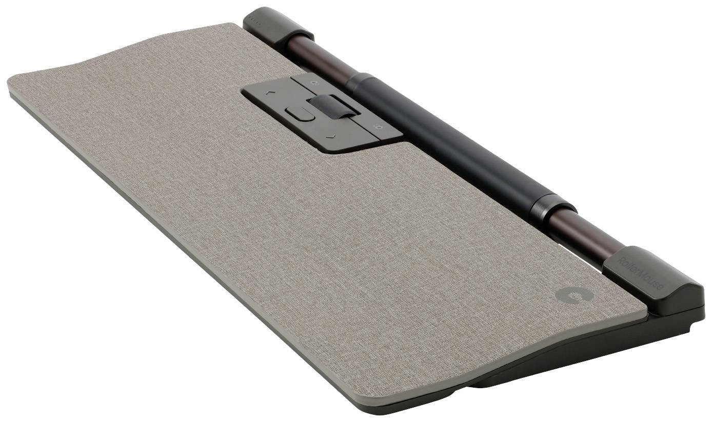 Ergonomiczna podkładka pod nadgarstek z szarą tkaniną i ciemnym metalowym cylindrem, wspomagająca pracę przy komputerze.