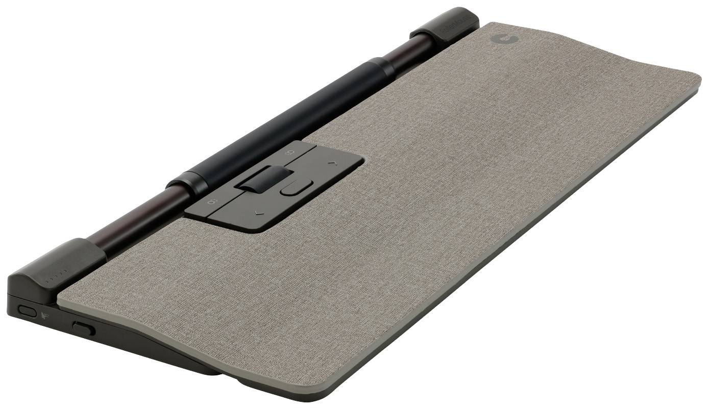 Przenośna, składana klawiatura komputerowa z tkaniną na powierzchni oraz zintegrowanym schowkiem na długopis. Idealna do pracy mobilnej.