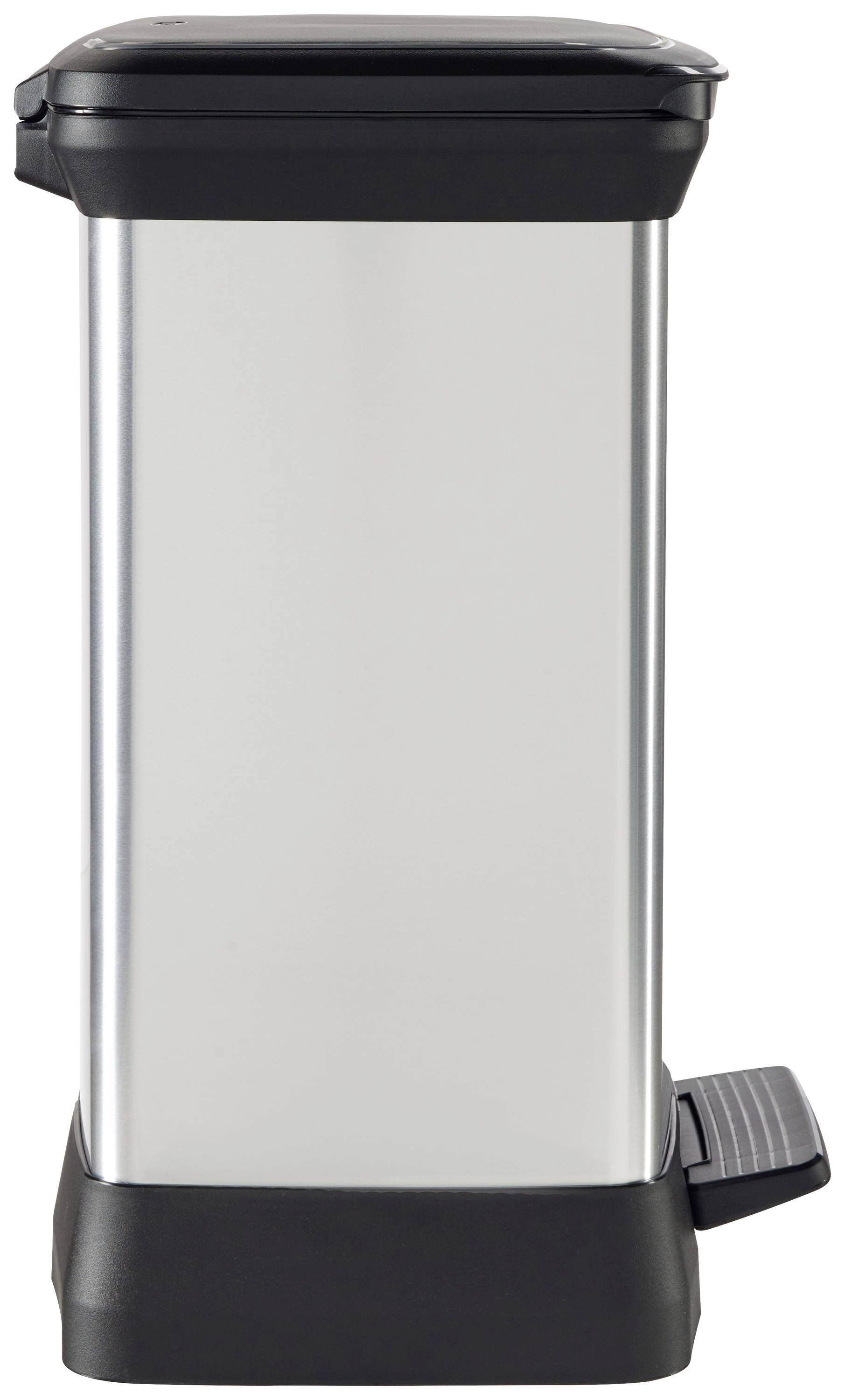 Srebrny, prostokątny kosz na śmieci z czarną pokrywą i mechanizmem otwierania na pedał w dolnym prawym rogu. Idealny do kuchni lub biur.