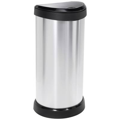 Wysoki, cylindryczny kosz na śmieci ze stali nierdzewnej z czarną pokrywą i czarną podstawą, stojący na neutralnym tle.