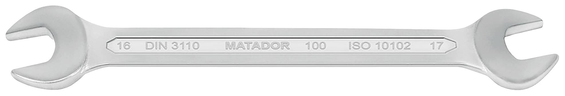 Srebrny klucz nastawny z otwartymi końcówkami, grawerowany napisem '18 DIN 3110 MATADOR 100 ISO 10102 17'.