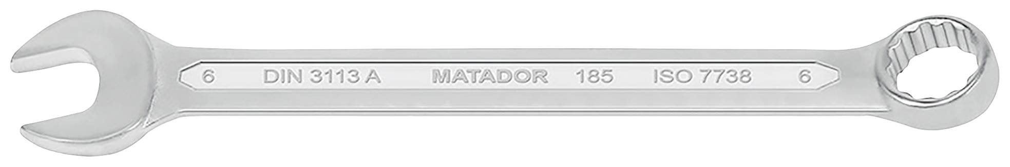 Srebrny klucz nastawny z otwartymi i zamkniętymi końcówkami, oznaczony numerem 'DIN 3113 A MATADOR 18S ISO 7738 6'.